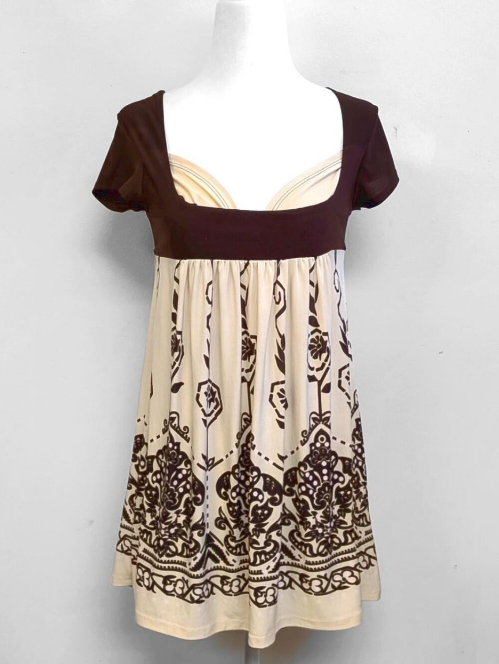 2000s Roommates Y2K Brown & Cream Floral Boho Babydoll Dress | Size S